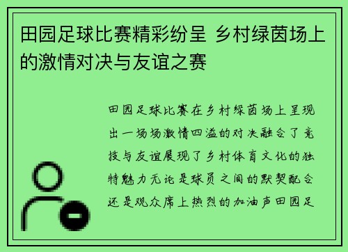 田园足球比赛精彩纷呈 乡村绿茵场上的激情对决与友谊之赛