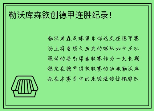 勒沃库森欲创德甲连胜纪录！