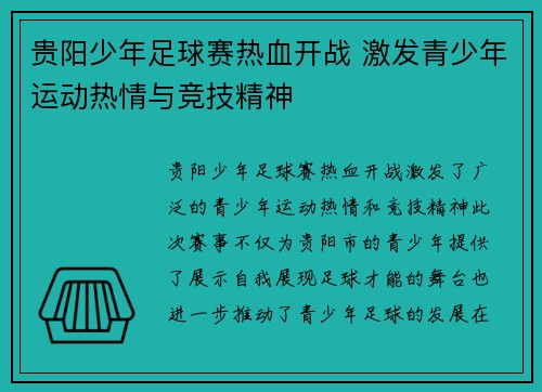 贵阳少年足球赛热血开战 激发青少年运动热情与竞技精神