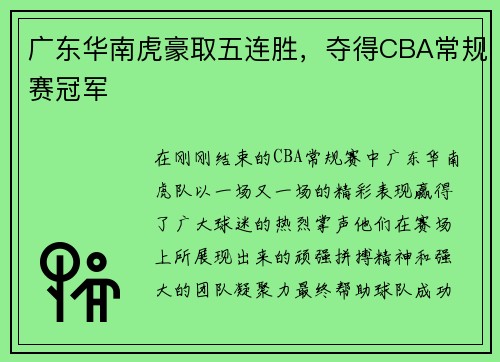 广东华南虎豪取五连胜，夺得CBA常规赛冠军